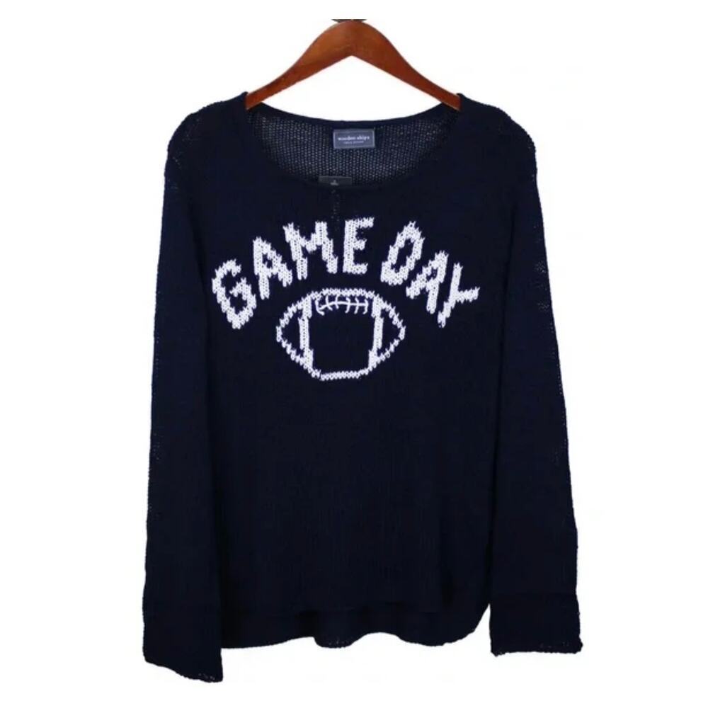 Wooden Ships Mohair Blend Women's Game Day Sweater S/M Navy Football Chunky Knit
